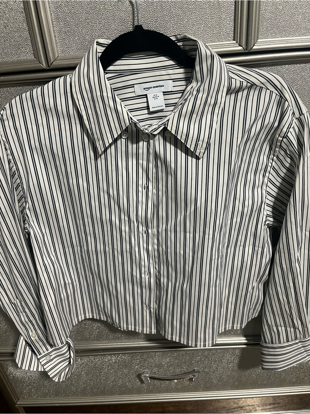 Amazon Essentials White and Black Vertical Stripe Button-Down Shirt. Cropped.